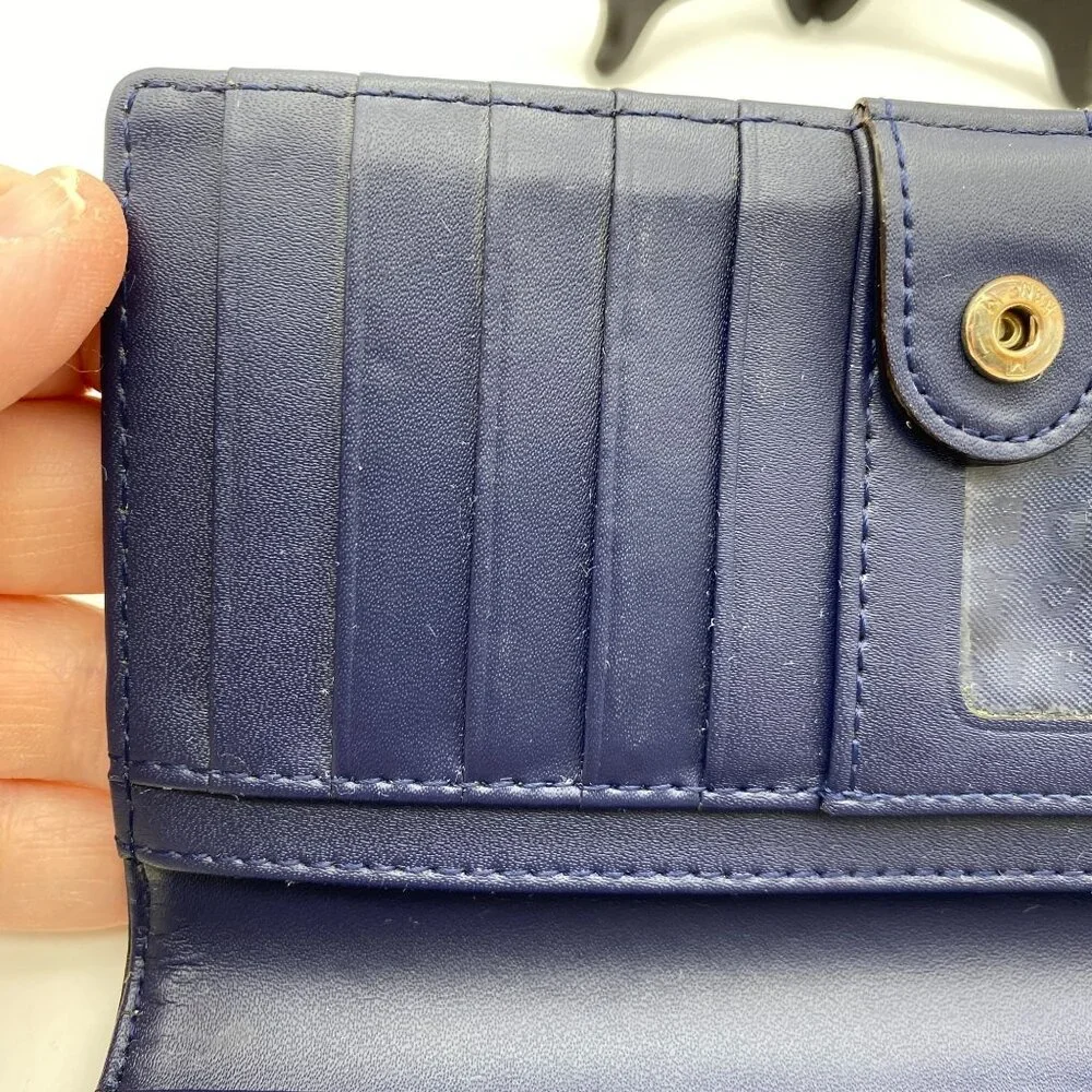 Kate Spade slim bi fold wallet Stripe blue pink button shut pocket book leather‎